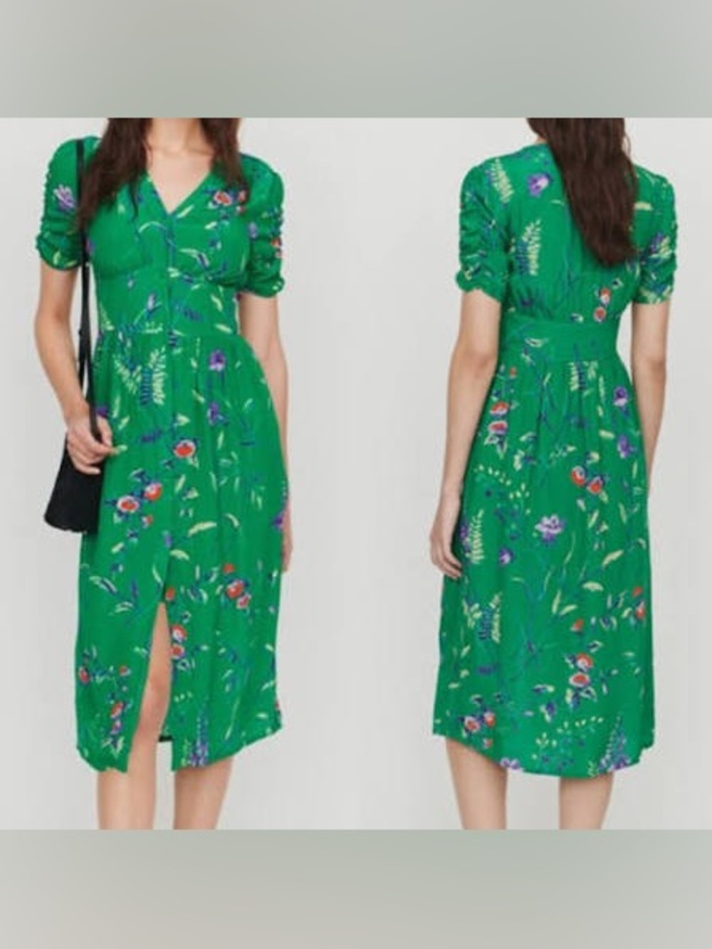 Maje Rankol Floral Print Button Front Midi V-Neck Dress Green size 2